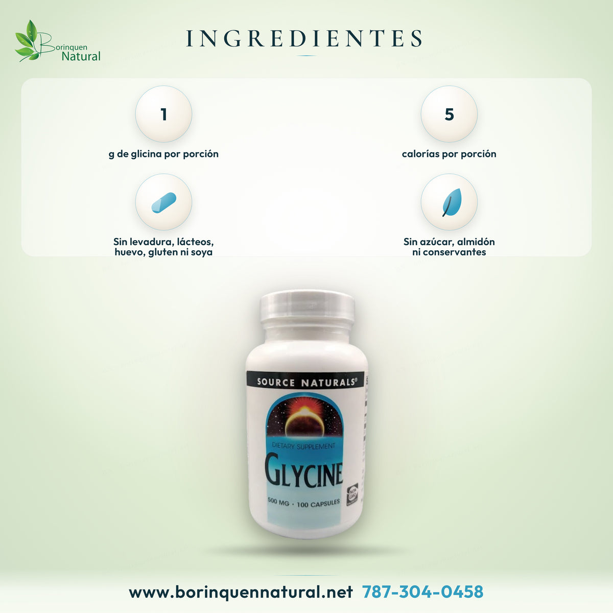 Ingredientes de la glicina de Source Naturals: 1 g de glicina por porción en cápsula de gelatina