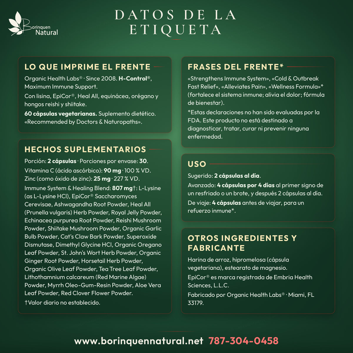 Datos de la etiqueta de H-Control: frente, uso, hechos suplementarios, ingredientes y descargo de la FDA