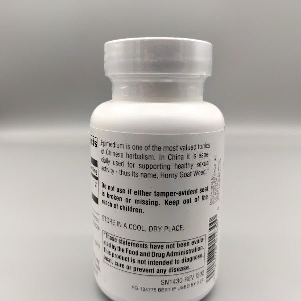 Horny Goat Weed 1000 mg Source Naturals, frasco de 60 tabletas — vista posterior del envase (foto de archivo)
