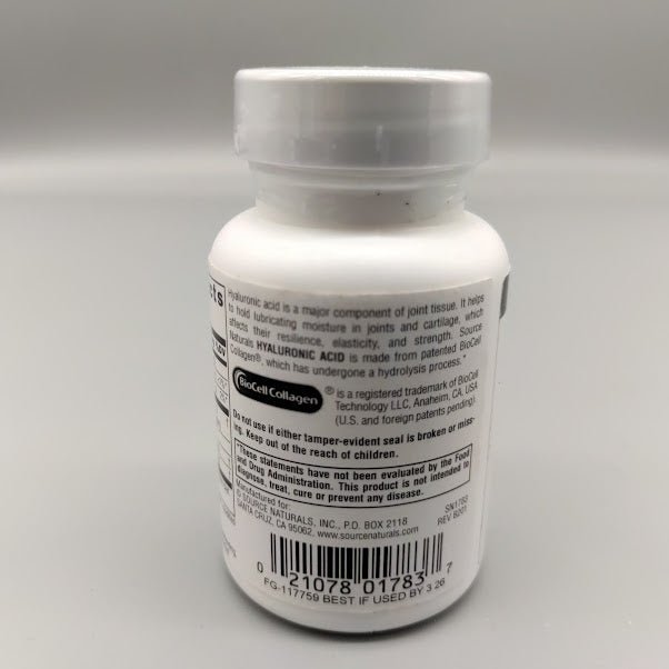 HYALURONIC ACID - 50 MG - 30 TABLET de Source Naturals — vista posterior del envase