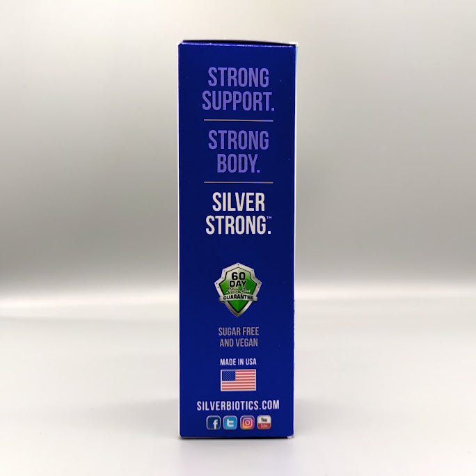 Caja del spray Immune Support de Silver Biotics con plata SilverSol de 4 oz — vista lateral