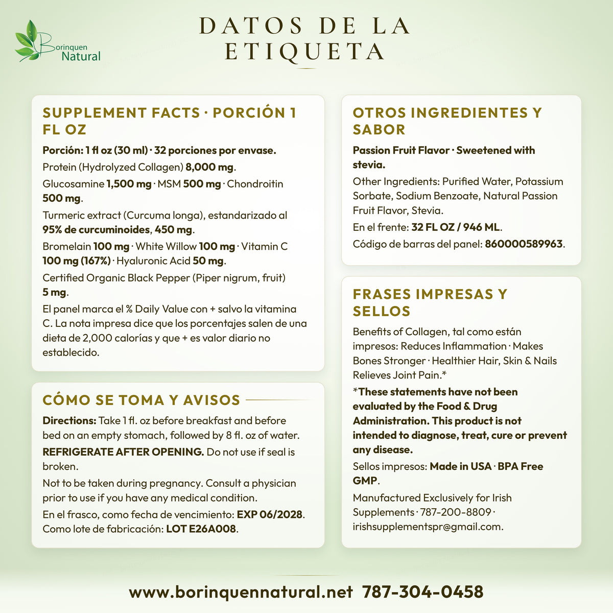 Datos impresos del colágeno líquido Irish Supplements: Supplement Facts, modo de uso, avisos y descargo de la FDA