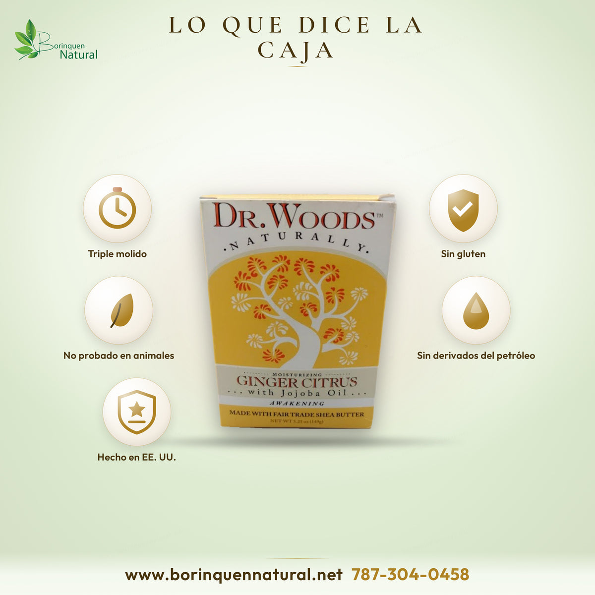Lo que dice la caja del jabón Dr. Woods Ginger Citrus: triple molido, sin gluten, vegano y hecho en EE. UU.