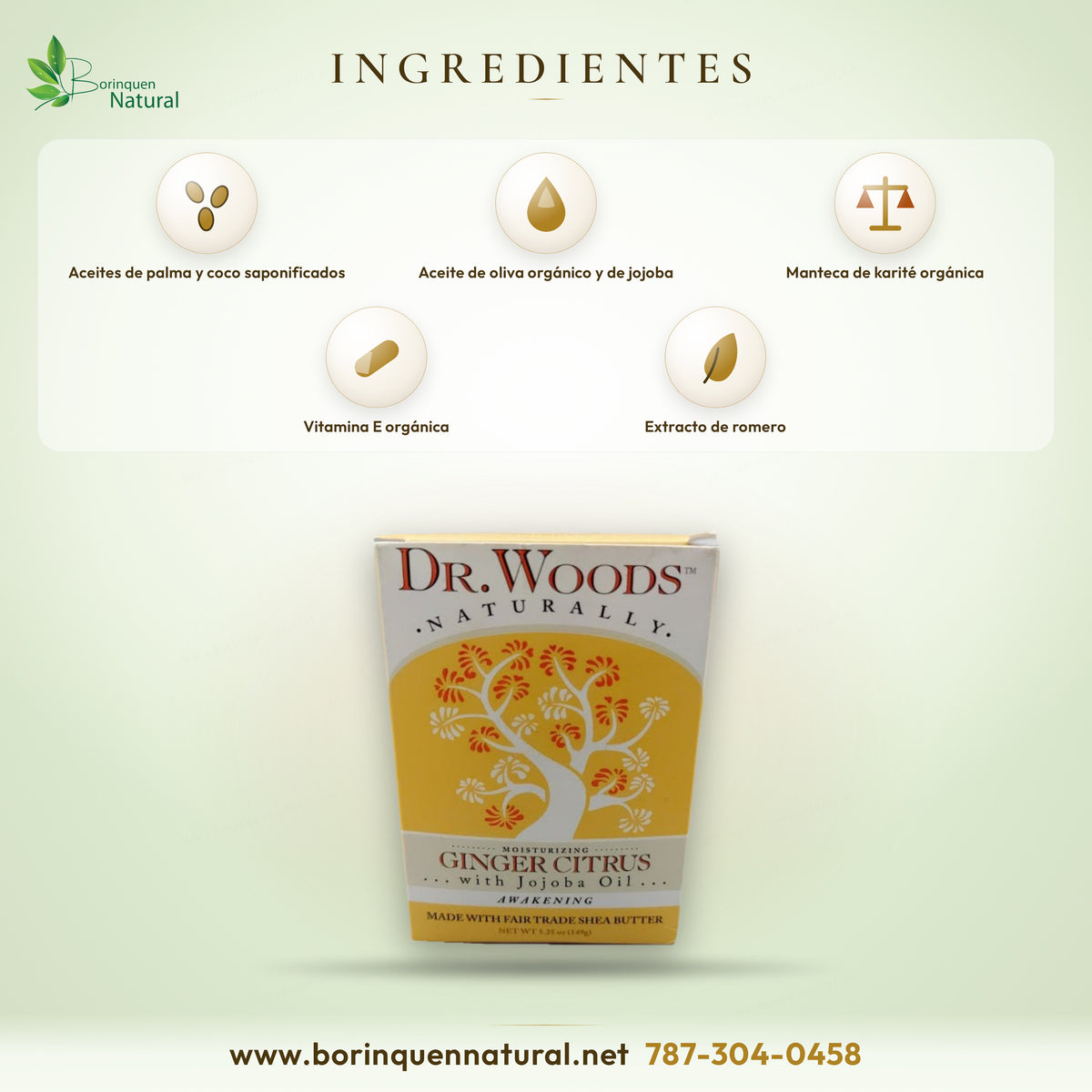 Ingredientes del jabón Dr. Woods Ginger Citrus: aceites de palma, coco, oliva y jojoba, karité orgánico y vitamina E