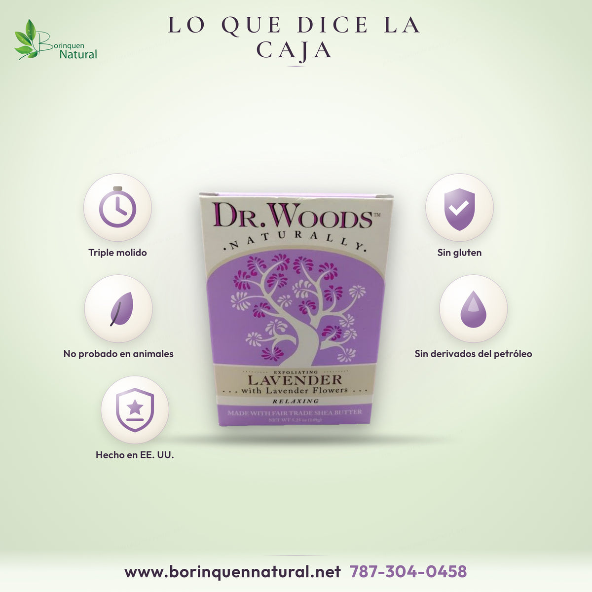 Lo que dice la caja del jabón Dr. Woods Lavender: triple molido, sin gluten, vegano y hecho en EE. UU.