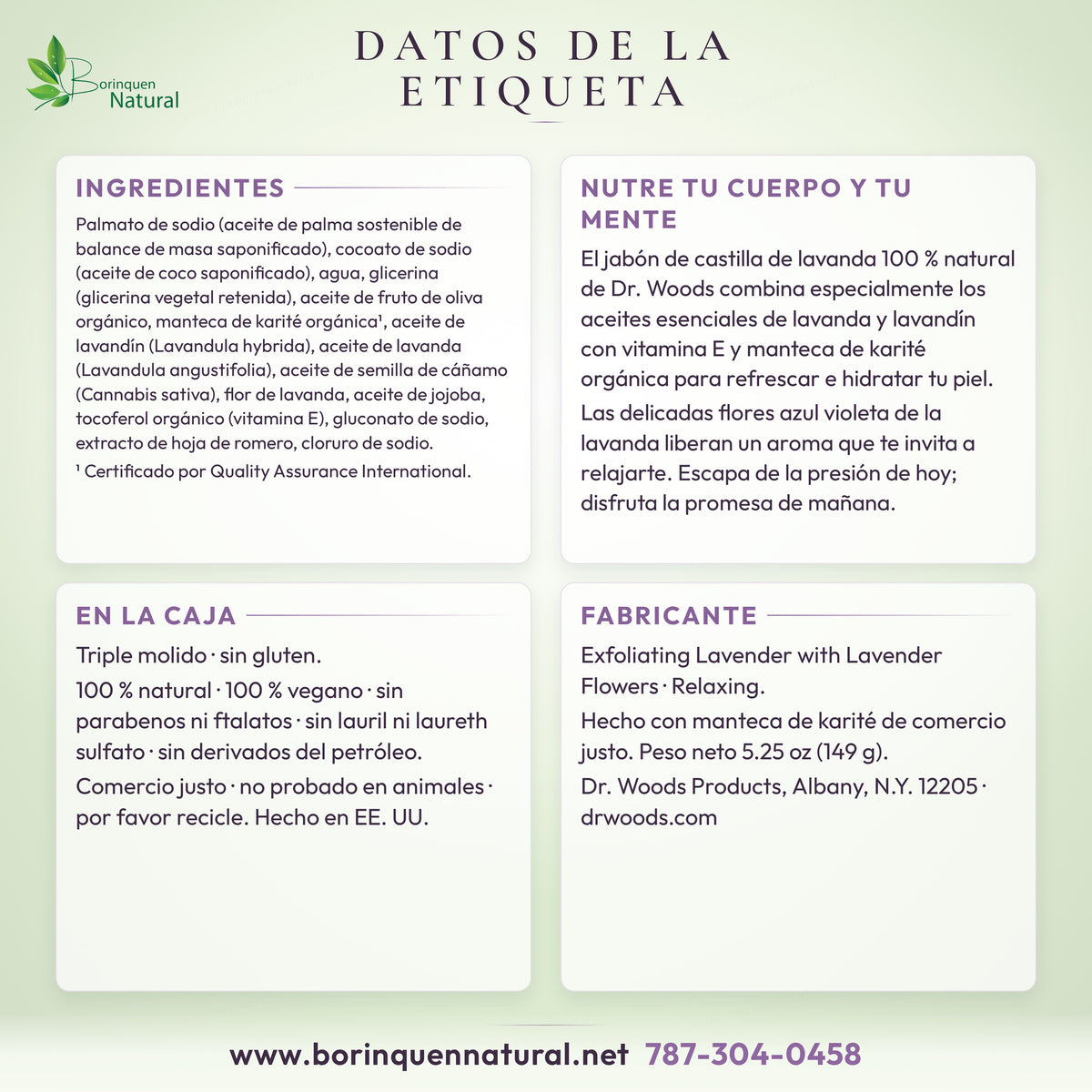 Datos de la etiqueta del jabón Dr. Woods Lavender: ingredientes y lo que dice la caja