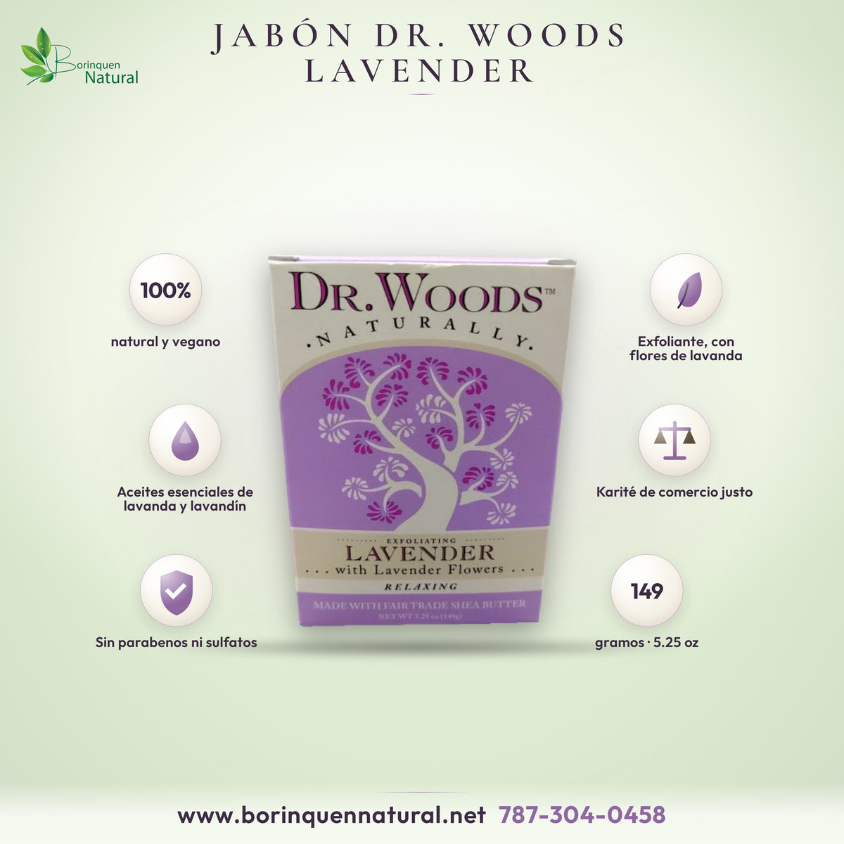 Jabón de castilla exfoliante Dr. Woods Lavender con flores de lavanda y manteca de karité de comercio justo, 5.25 oz