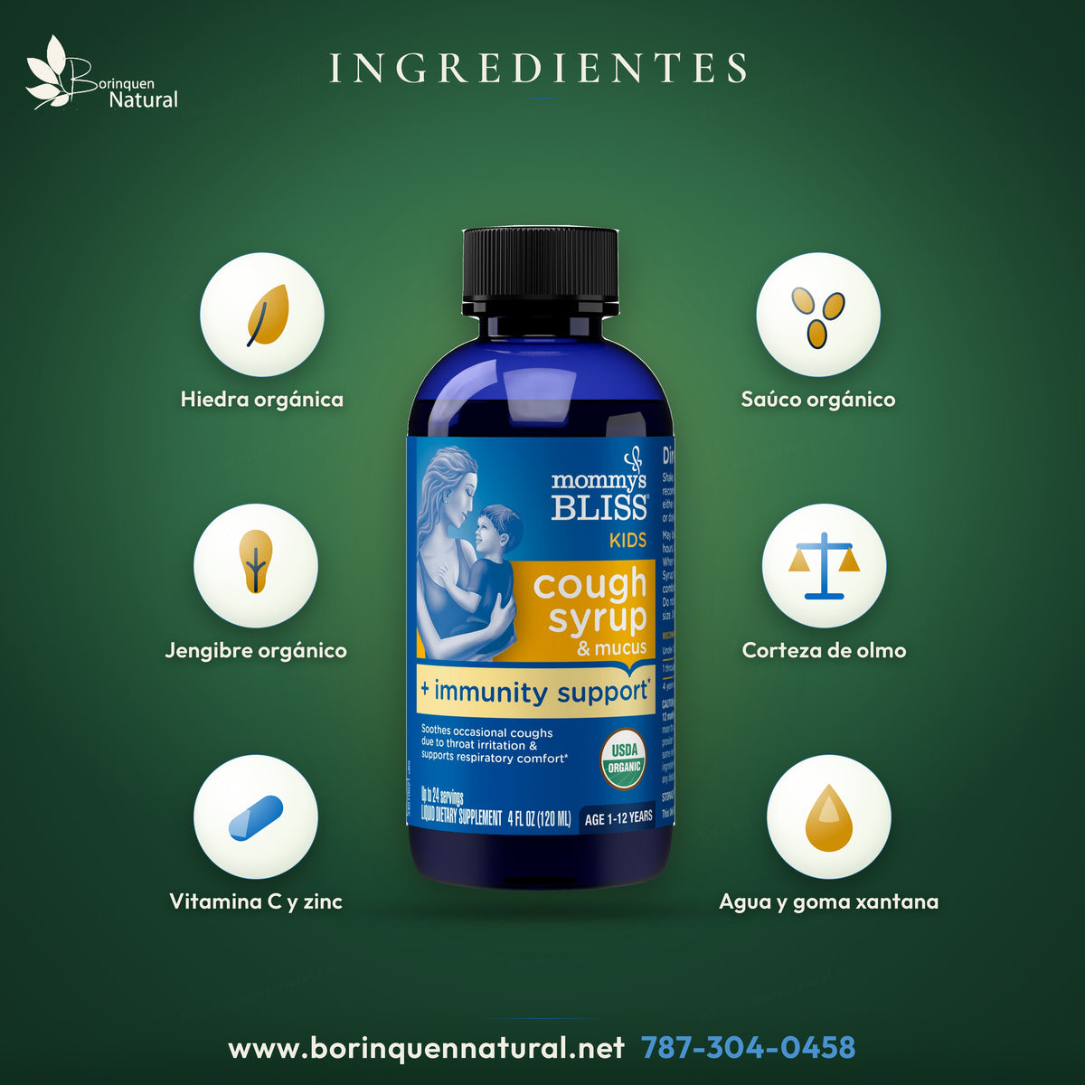 Ingredientes del jarabe Mommy's Bliss para niños: hiedra, saúco, corteza de olmo y jengibre orgánicos, con vitamina C y zinc en miel y agave orgánicos
