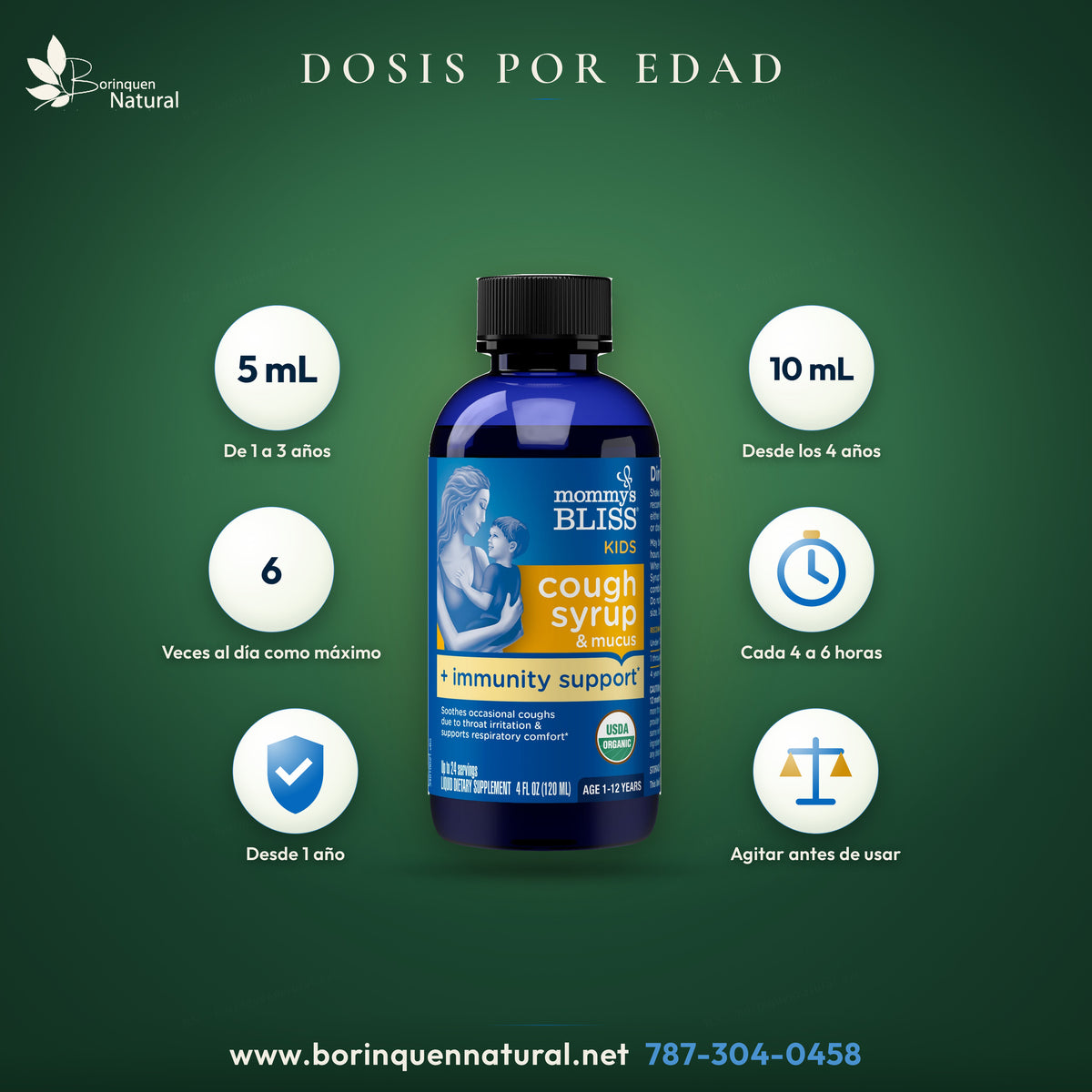 Dosis del jarabe Mommy's Bliss para niños: 5 mL de 1 a 3 años y 10 mL desde los 4 años, cada 4 a 6 horas, hasta 6 veces al día