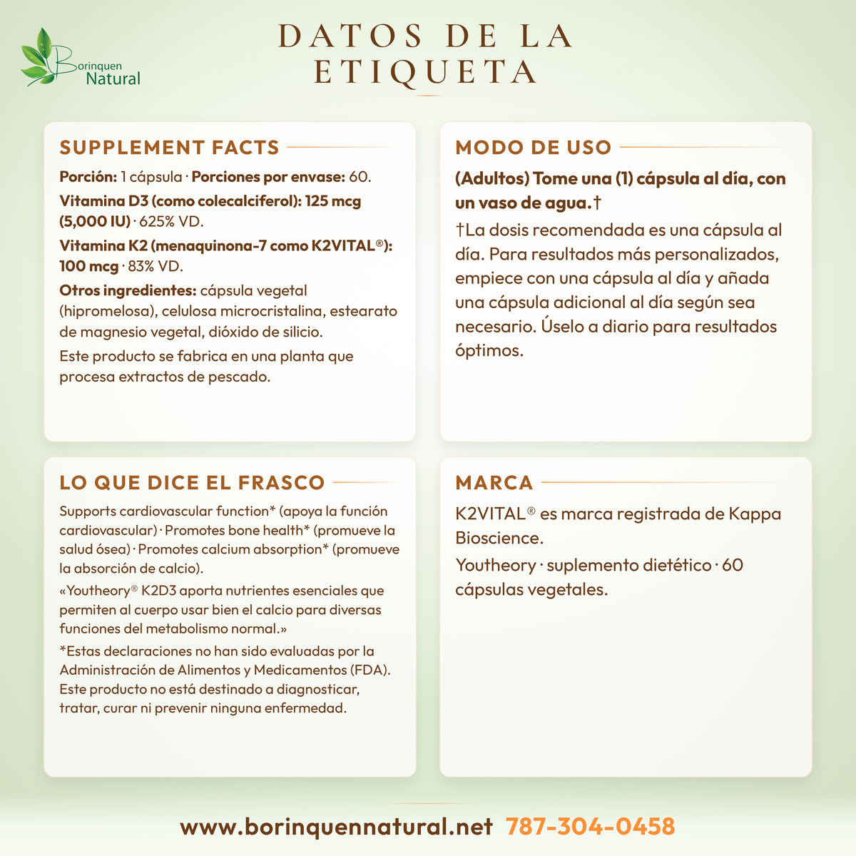 Datos de la etiqueta de K2D3 Youtheory: Supplement Facts, modo de uso, aviso de alérgenos y lo que dice el frasco