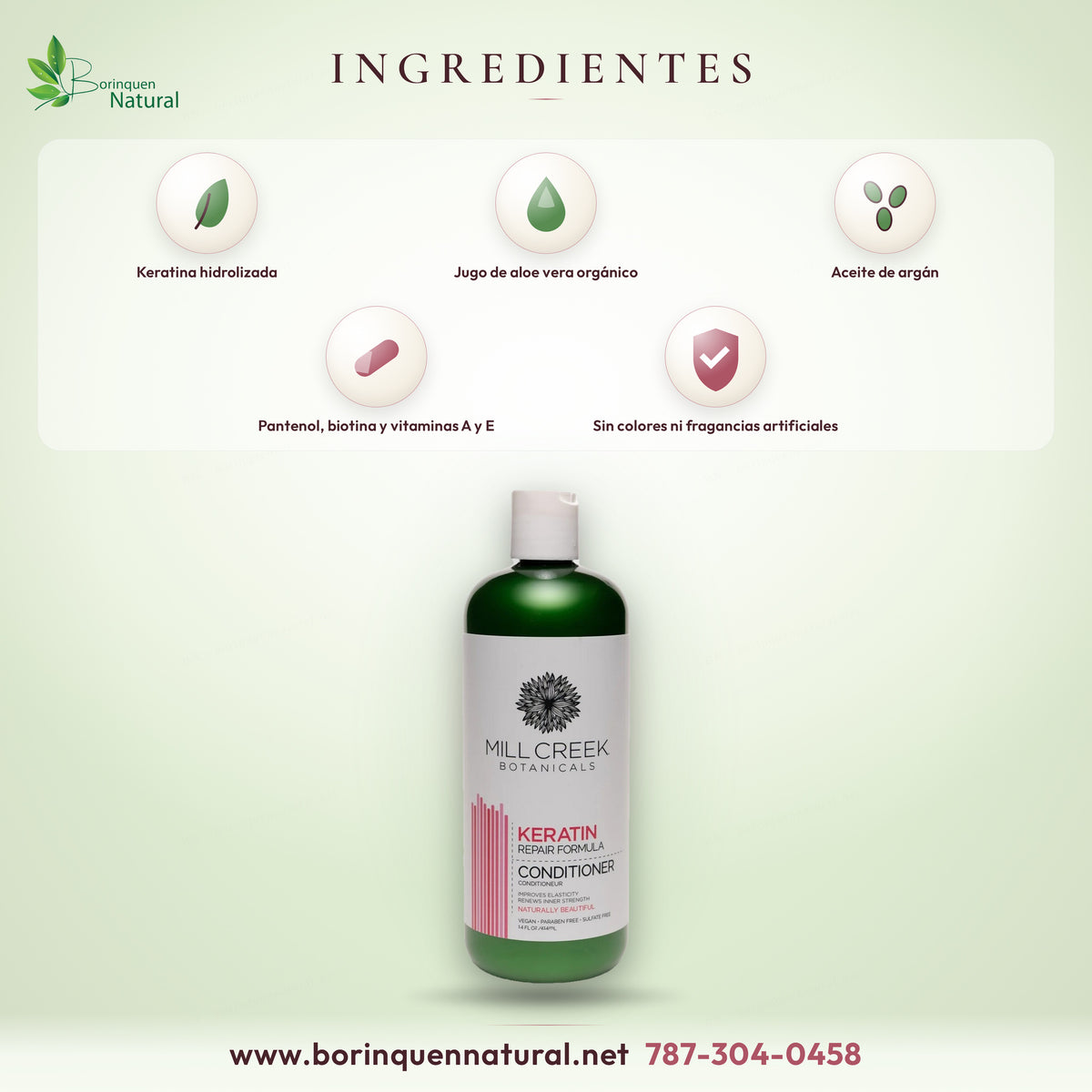 Ingredientes del acondicionador de keratina Mill Creek: keratina hidrolizada, aloe vera orgánico, aceite de argán y pantenol