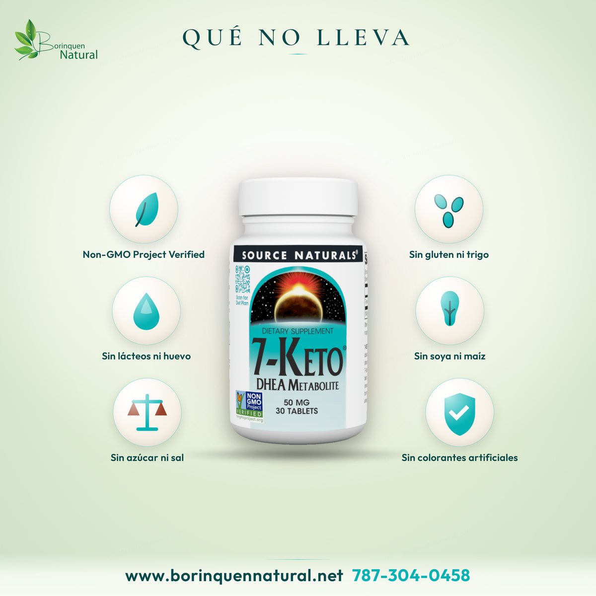 7-Keto Source Naturals: Non-GMO, sin gluten, trigo, lácteos, huevo, soya, maíz, azúcar ni colorantes artificiales