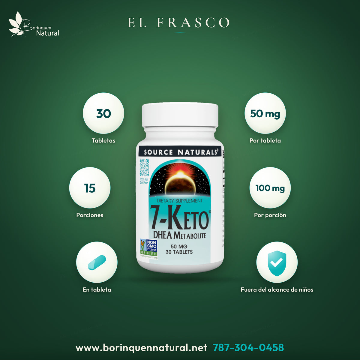 Formato de 7-Keto de Source Naturals: 30 tabletas de 50 mg, 15 porciones de 2 tabletas con 100 mg cada una
