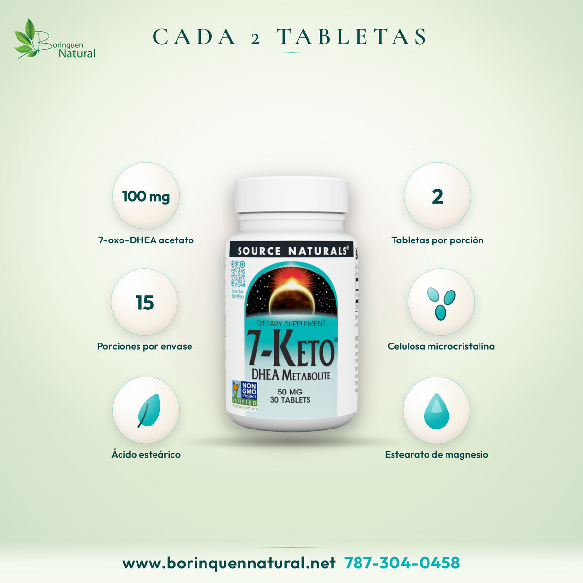Supplement Facts de 7-Keto de Source Naturals: 100 mg de 7-oxo-DHEA acetato por porción de 2 tabletas