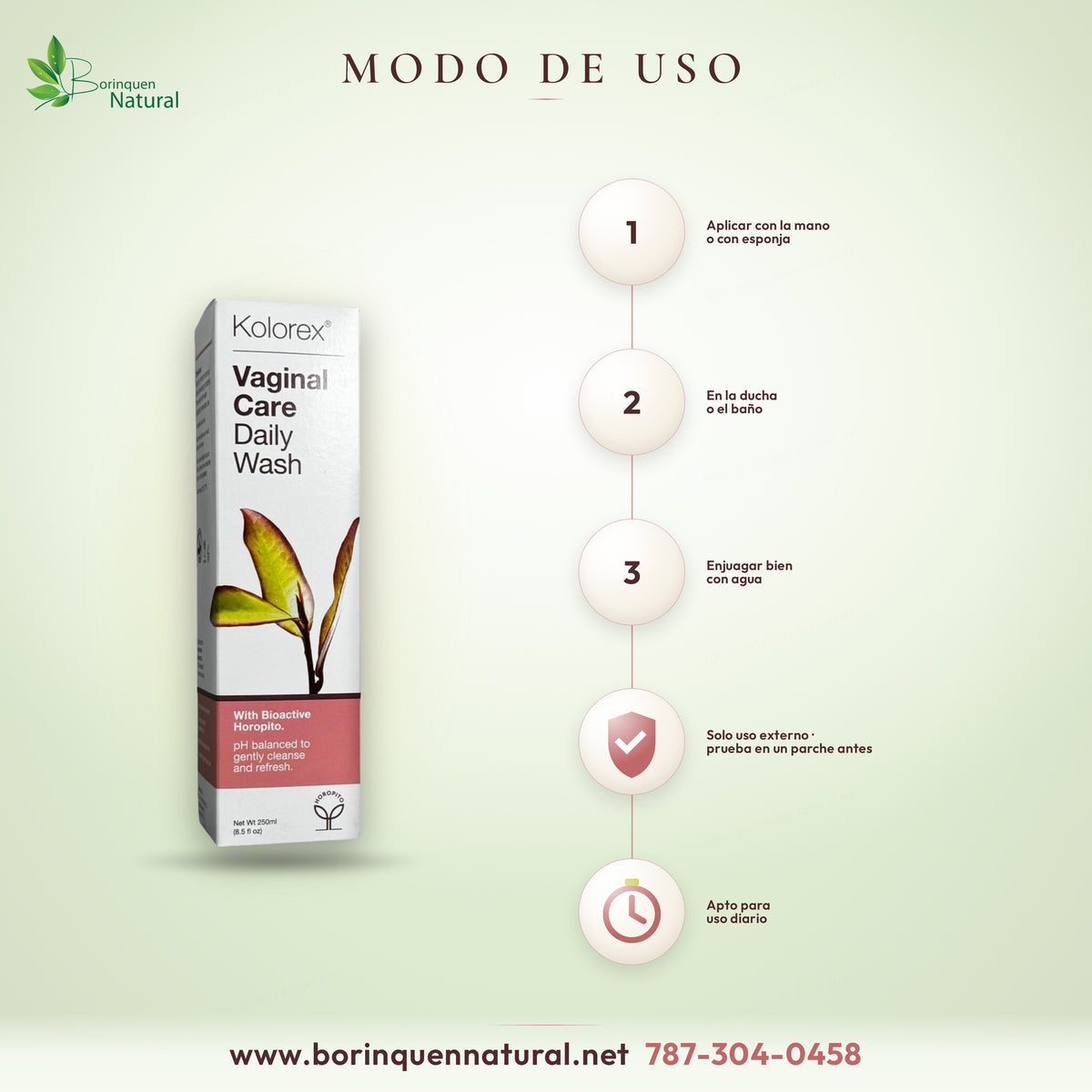 Modo de uso de Kolorex Daily Wash: aplicar con la mano o esponja en la ducha y enjuagar bien con agua