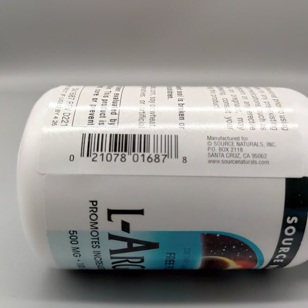 L-Arginina 500 mg Source Naturals Forma Libre, 100 Cápsulas — vista lateral del envase