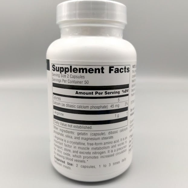 L-Arginina 500 mg Source Naturals Forma Libre, 100 Cápsulas — etiqueta con los ingredientes