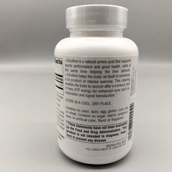 L-Citrulina 500 mg Source Naturals, frasco de 60 cápsulas — vista posterior del envase