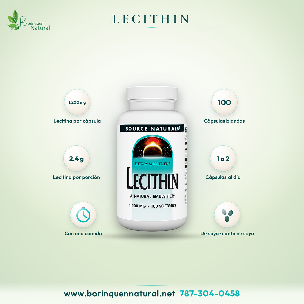 Lecithin de Source Naturals, 1,200 mg por cápsula blanda, frasco de 100 softgels