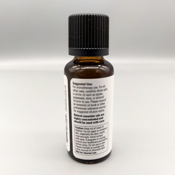 NOW Lemon and Eucalyptus Blend 1 oz aceite esencial — vista posterior del envase (foto de archivo)