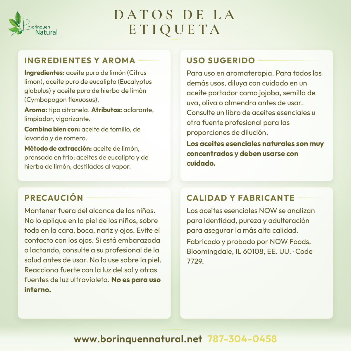 Datos de la etiqueta del aceite de limón y eucalipto NOW: ingredientes, aroma, uso sugerido y precaución