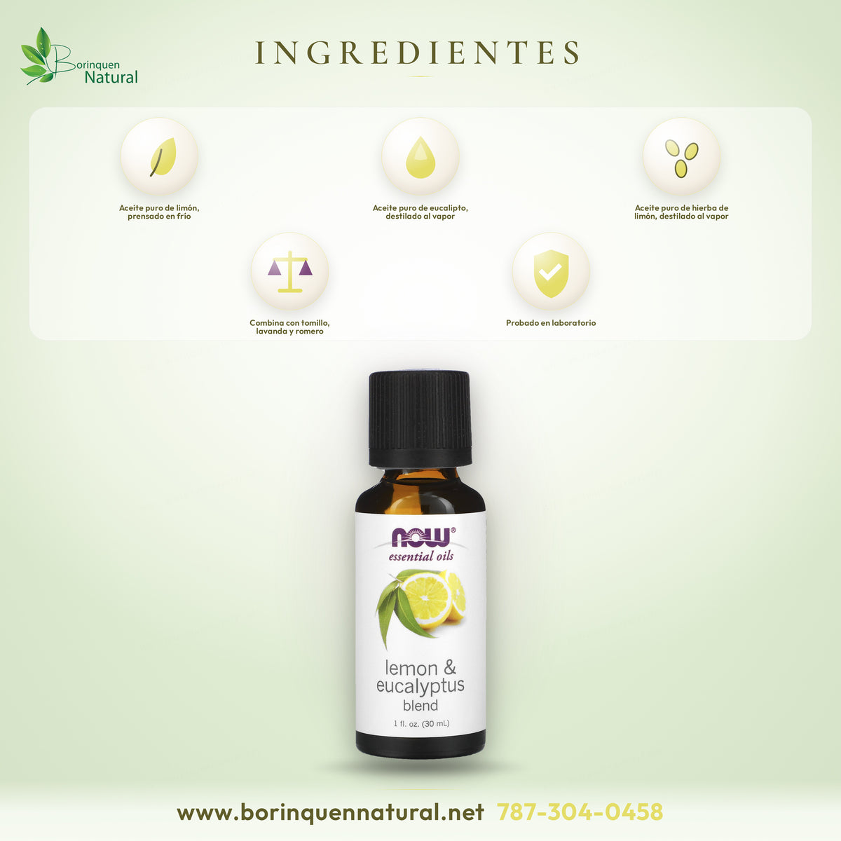 Ingredientes del aceite de limón y eucalipto NOW: aceites puros de limón, eucalipto y hierba de limón