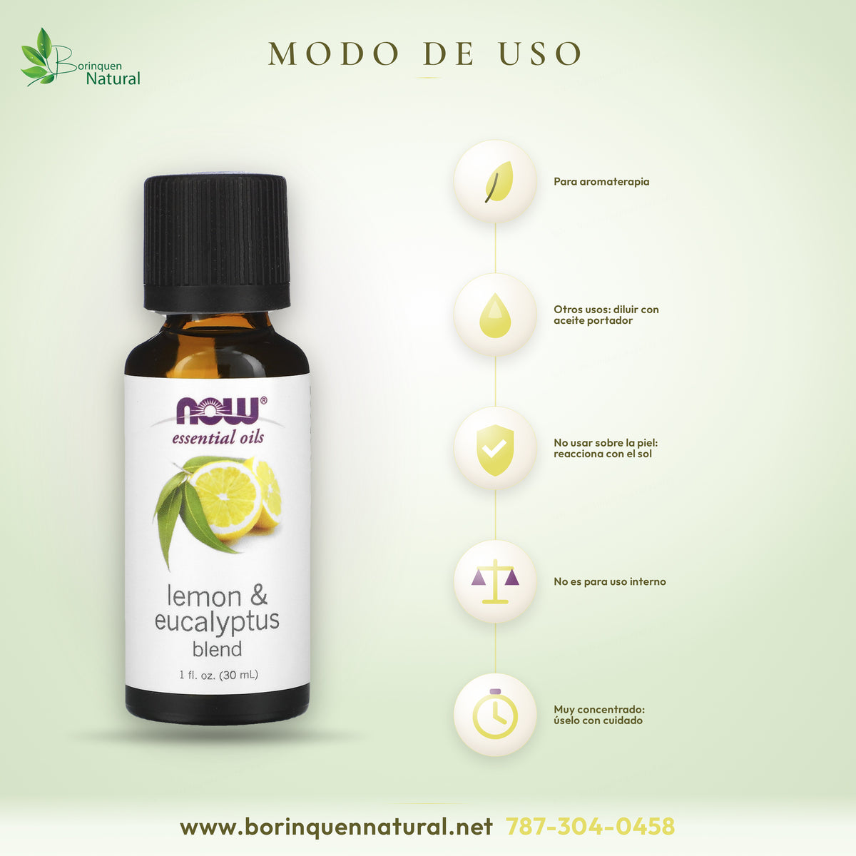 Modo de uso del aceite de limón y eucalipto NOW: aromaterapia; no usar sobre la piel ni por la boca