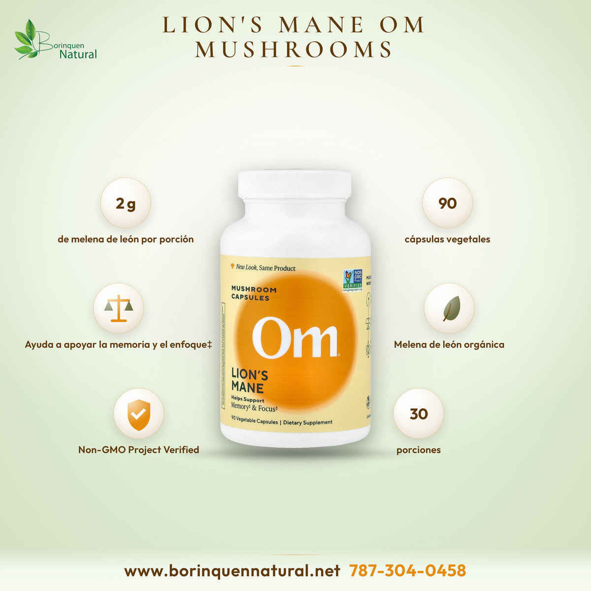 Lion's Mane de Om Mushrooms, melena de león orgánica, 2 g por porción, frasco de 90 cápsulas vegetales