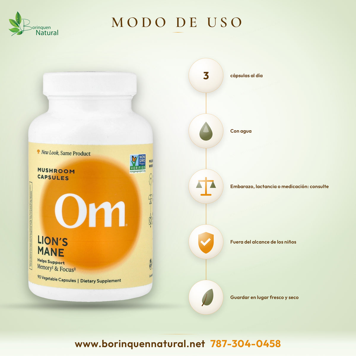 Modo de uso del Lion's Mane de Om: 3 cápsulas al día con agua