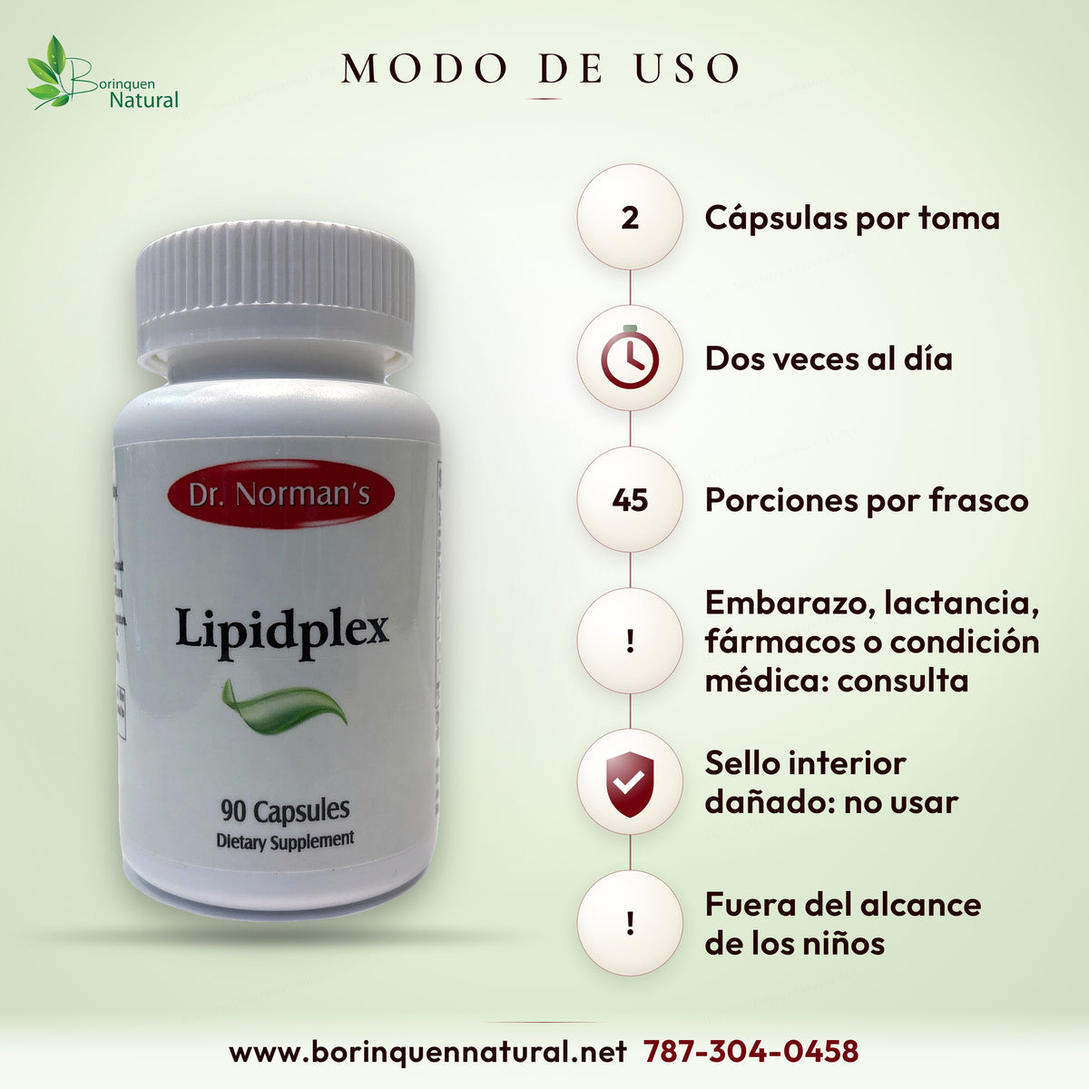 Modo de uso de Lipidplex: dos cápsulas dos veces al día; 45 porciones por frasco