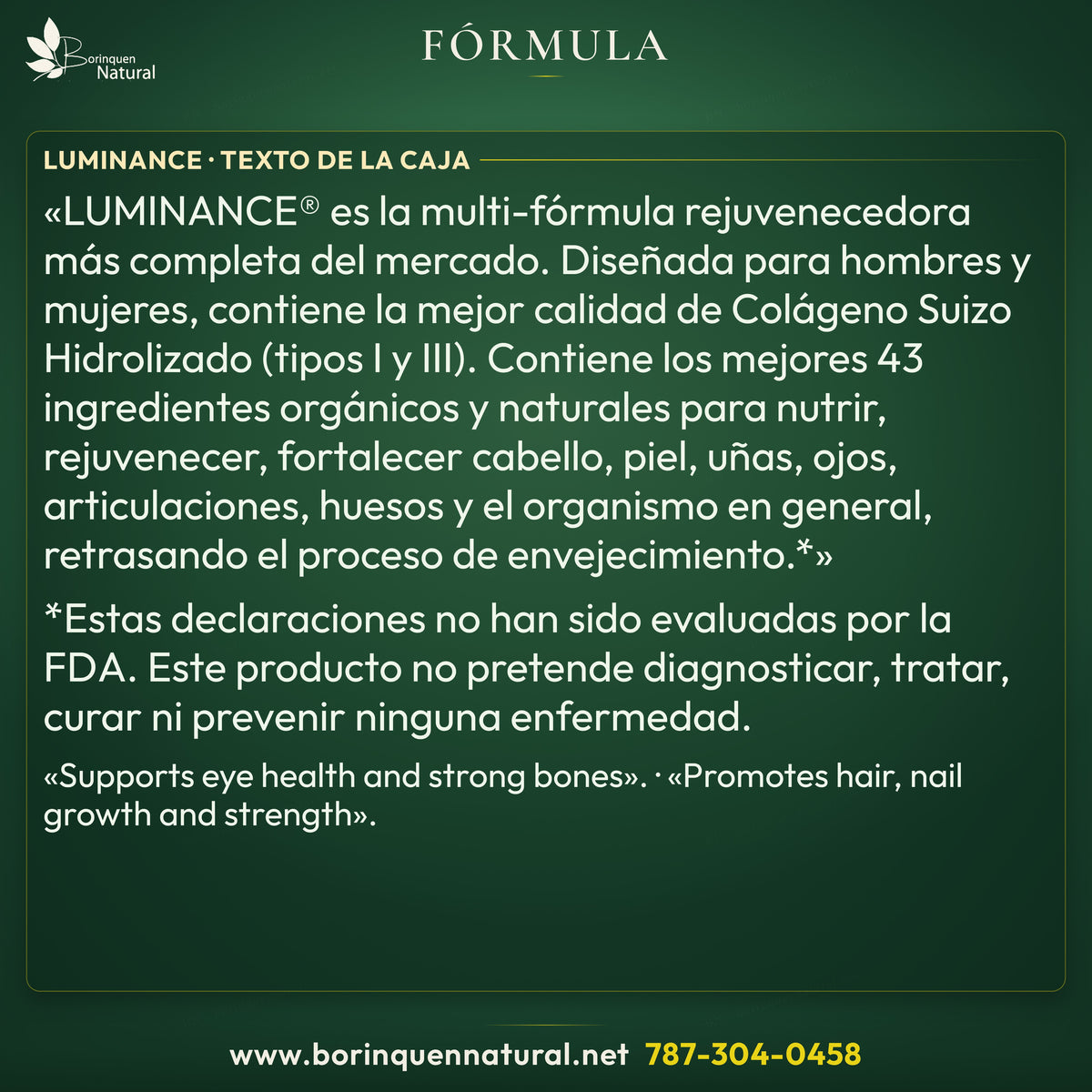 Luminance: párrafo completo de Fórmula y aviso impreso de la FDA, según el costado de la caja.