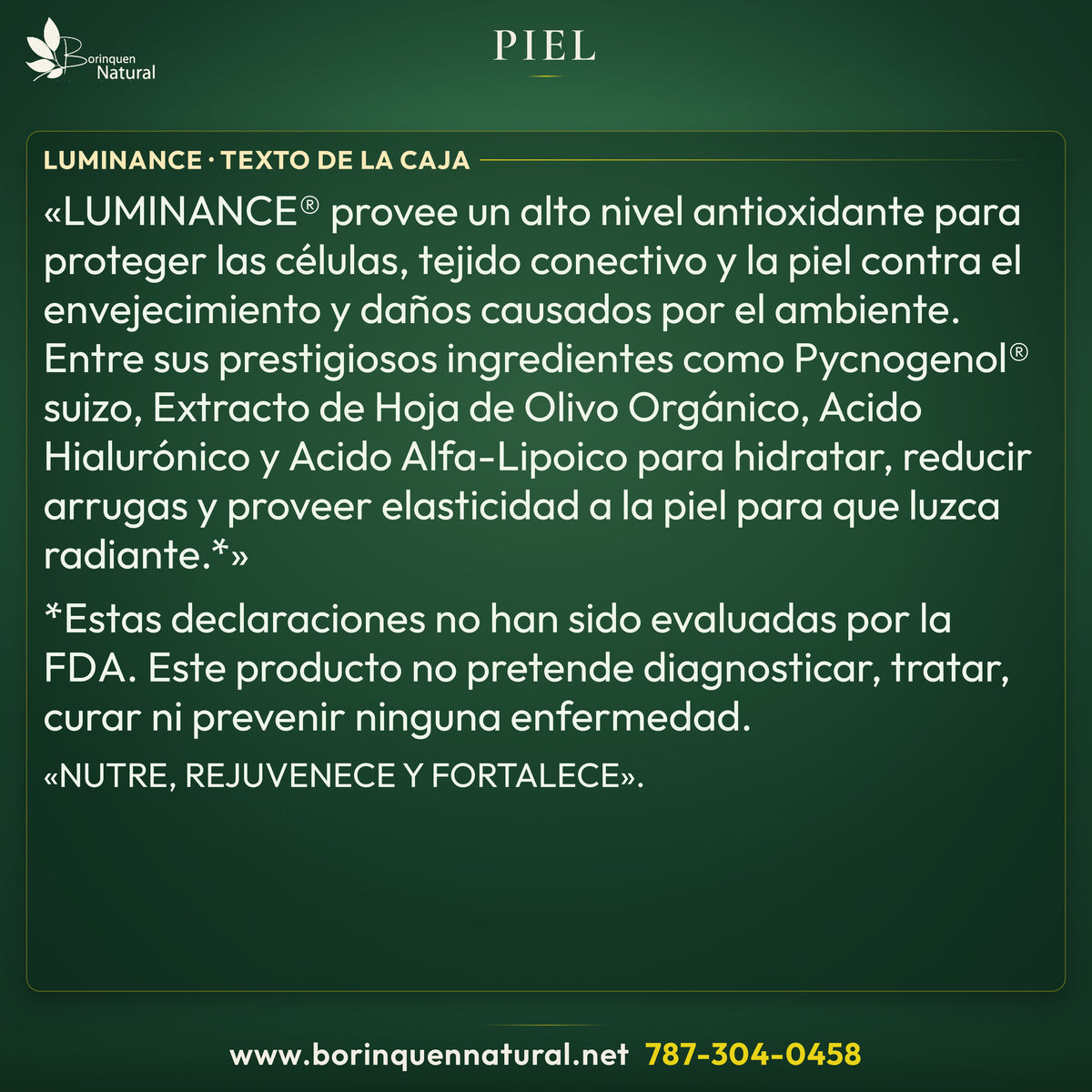 Luminance: párrafo completo de Piel y aviso impreso de la FDA, según el costado de la caja.