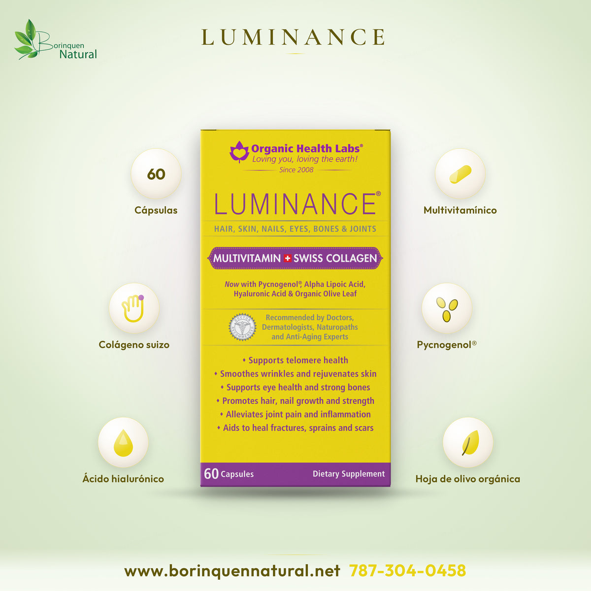 Luminance de Organic Health Labs: multivitamínico con colágeno suizo, Pycnogenol y ácido hialurónico, 60 cápsulas