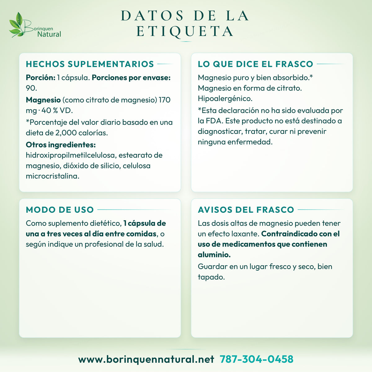Datos de la etiqueta del citrato de magnesio NutriCology: hechos suplementarios, otros ingredientes, modo de uso y avisos del frasco