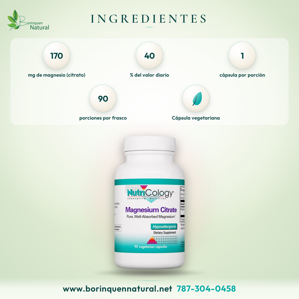 Ingredientes del citrato de magnesio NutriCology: 170 mg de magnesio como citrato de magnesio por cápsula vegetariana