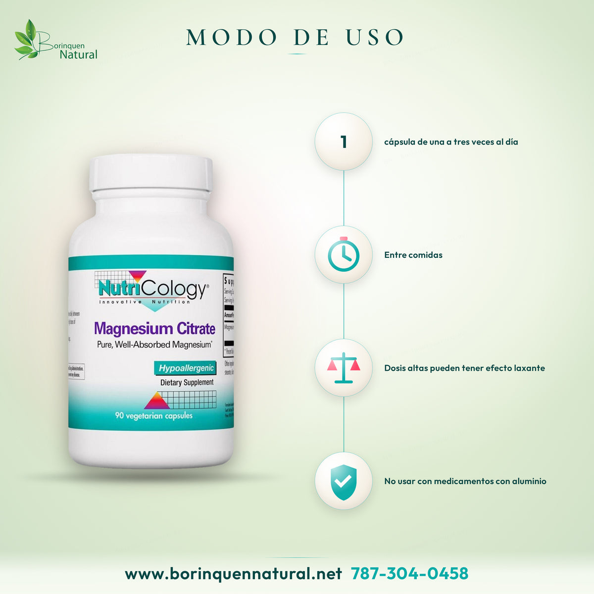 Modo de uso del citrato de magnesio NutriCology: 1 cápsula de una a tres veces al día entre comidas o según indique su profesional de la salud