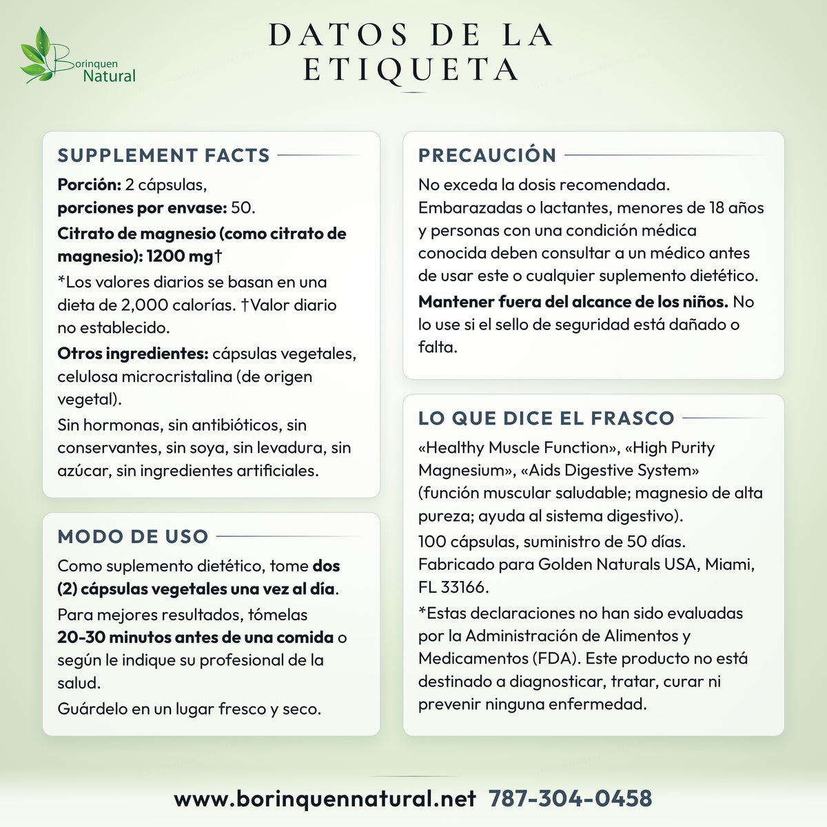 Datos de la etiqueta de Magnesium Citrate Golden Naturals: Supplement Facts, uso, precauciones y lo que dice el frasco