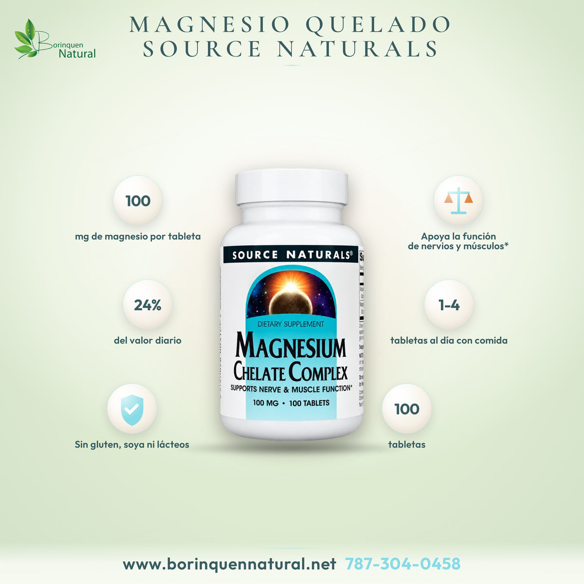 Magnesium Chelate Complex 100 mg de Source Naturals, apoya la función de nervios y músculos, 100 tabletas
