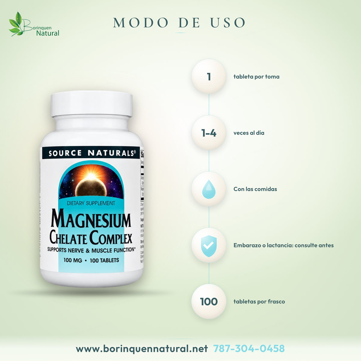 Modo de uso del magnesio quelado de Source Naturals: 1 tableta de 1 a 4 veces al día con las comidas