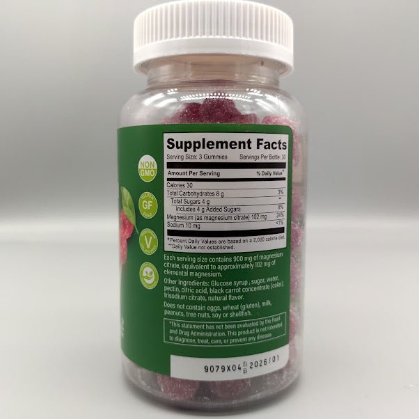 Magnesio pa Calambres y Dormir Mejor | Gummies Ricas — etiqueta con los ingredientes