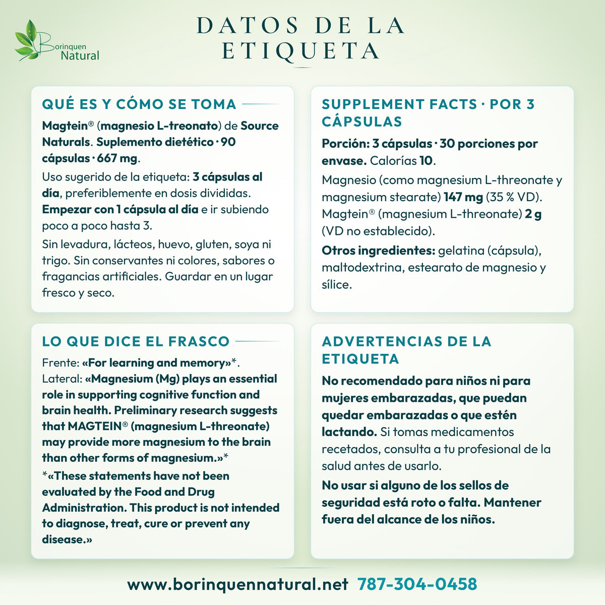 Datos de la etiqueta de Magtein de Source Naturals: Supplement Facts, modo de uso, otros ingredientes, lo que dice el frasco y advertencias