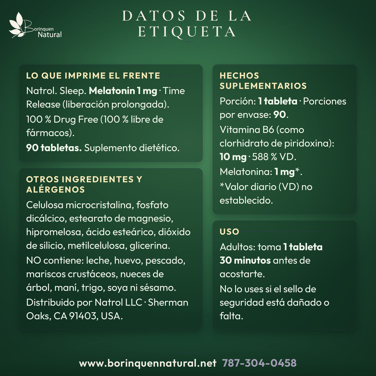 Datos de la etiqueta de la melatonina Natrol 1 mg: frente, hechos suplementarios, uso, ingredientes y alérgenos