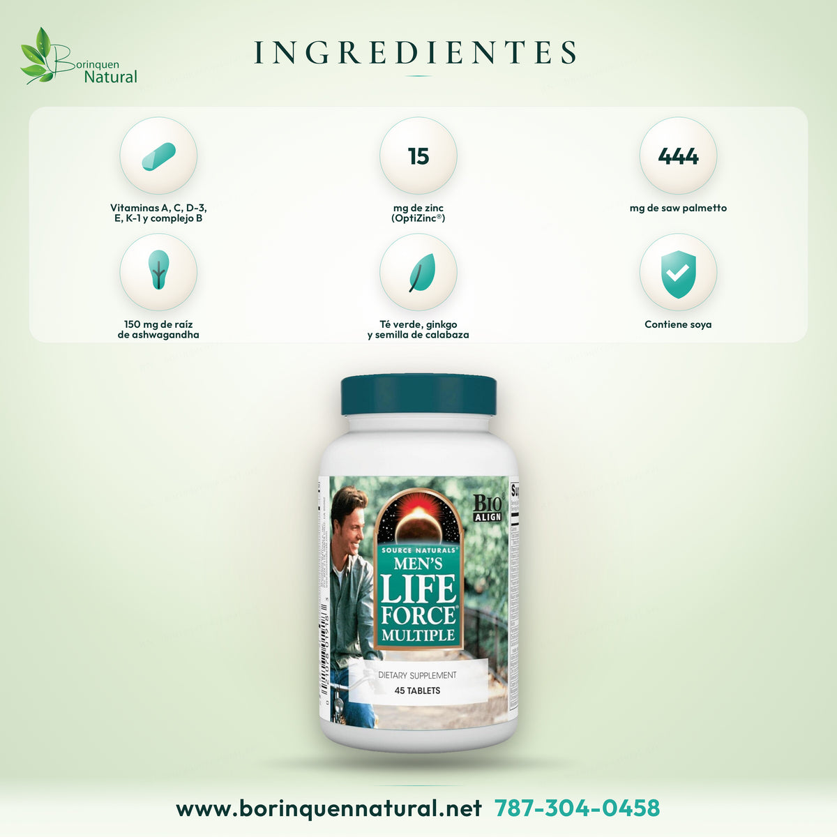 Ingredientes de Men's Life Force Source Naturals: vitaminas, minerales, saw palmetto, ashwagandha y ortiga