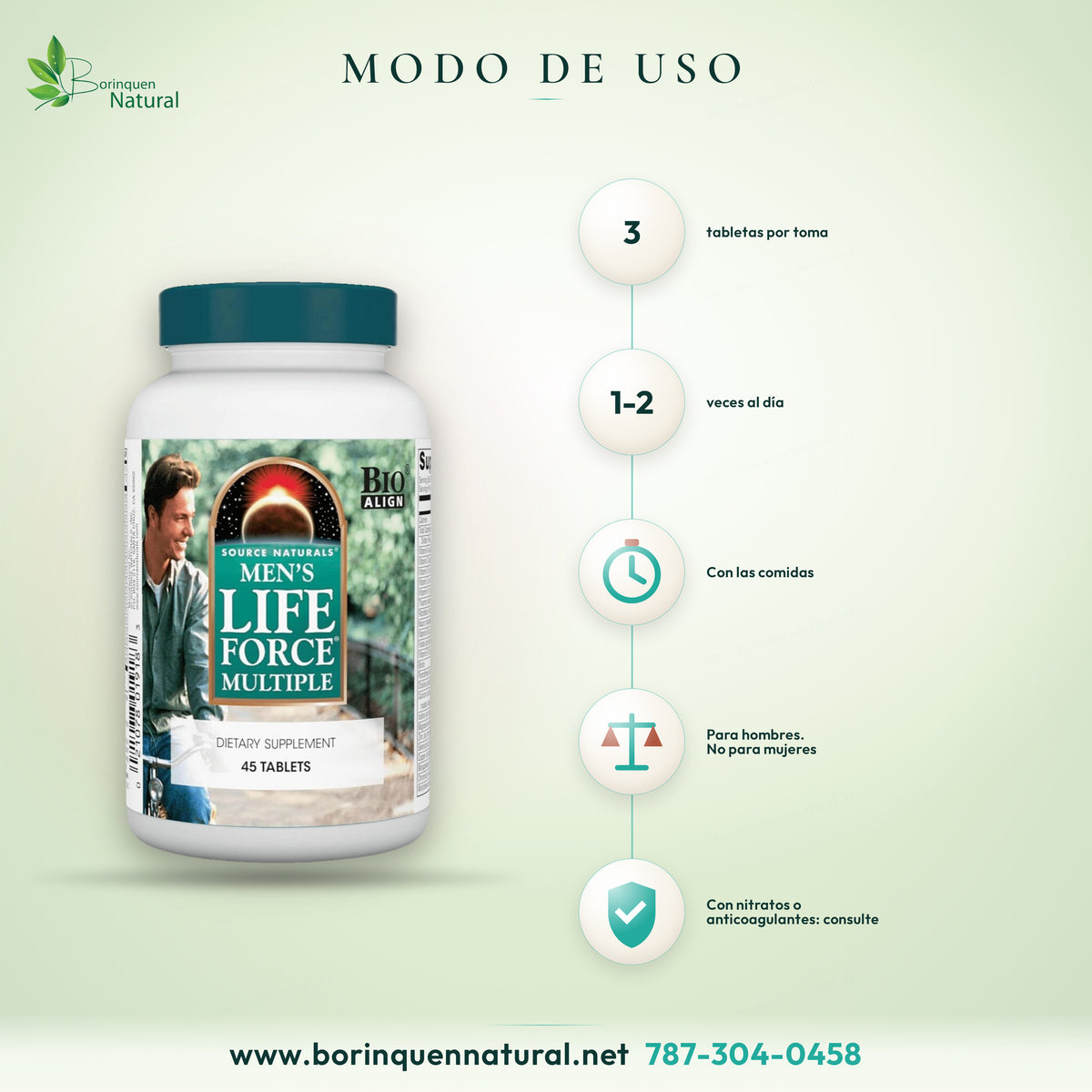 Modo de uso de Men's Life Force Source Naturals: 3 tabletas de 1 a 2 veces al día con las comidas