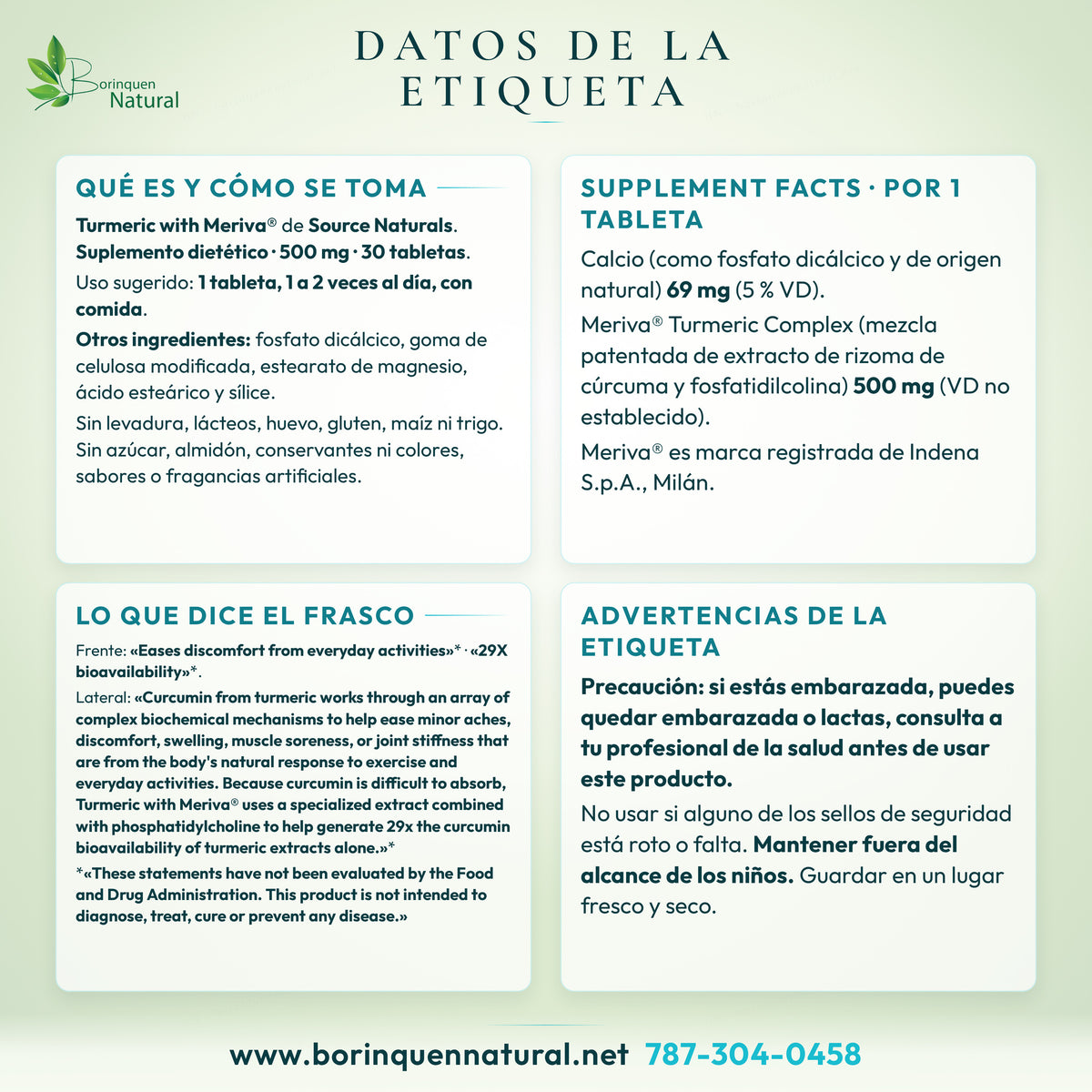 Datos de la etiqueta de Turmeric with Meriva de Source Naturals: Supplement Facts, modo de uso, lo que dice el frasco y advertencias