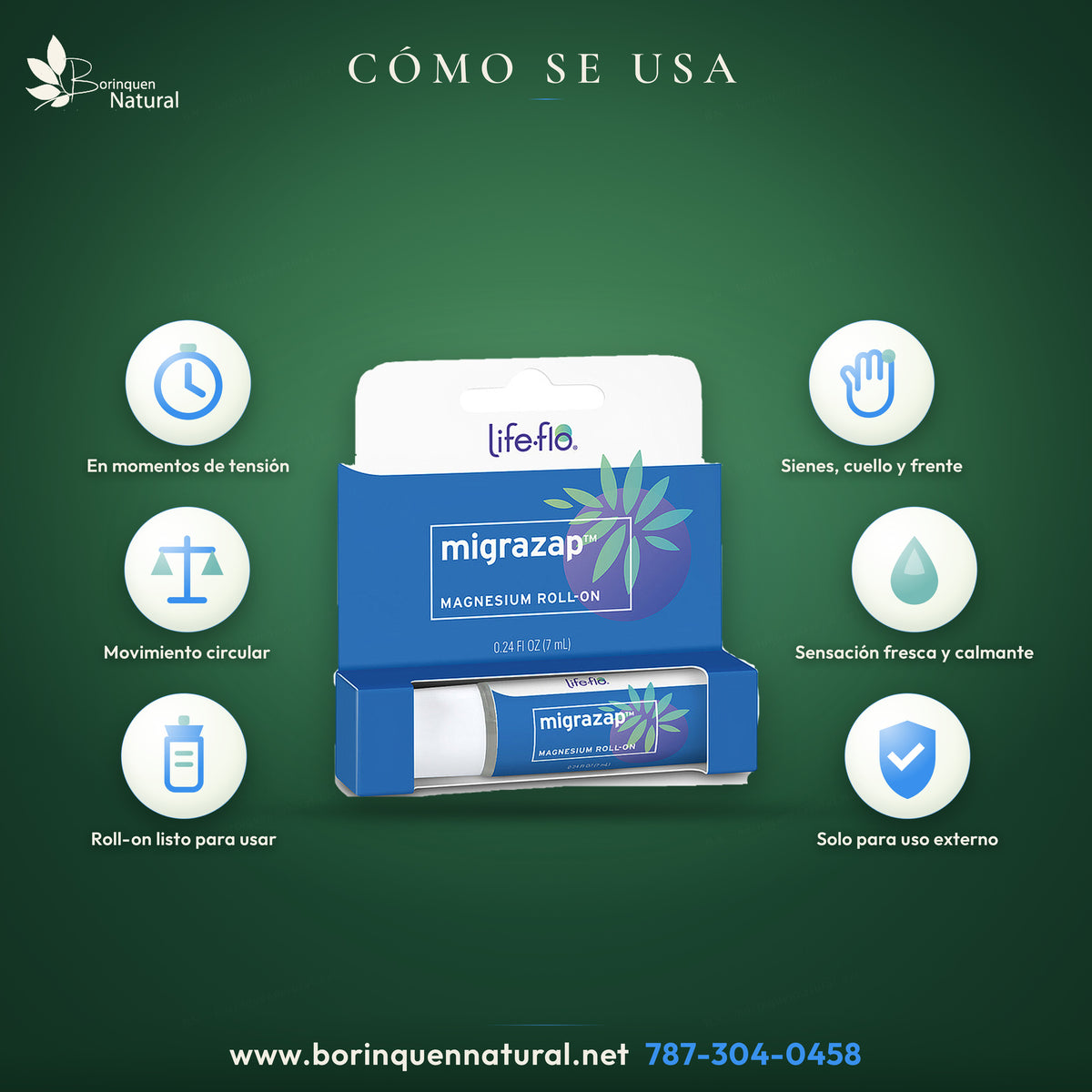 Cómo se usa MigraZap de Life-flo: en momentos de tensión, aplicar en sienes, cuello y frente con movimiento circular; solo para uso externo