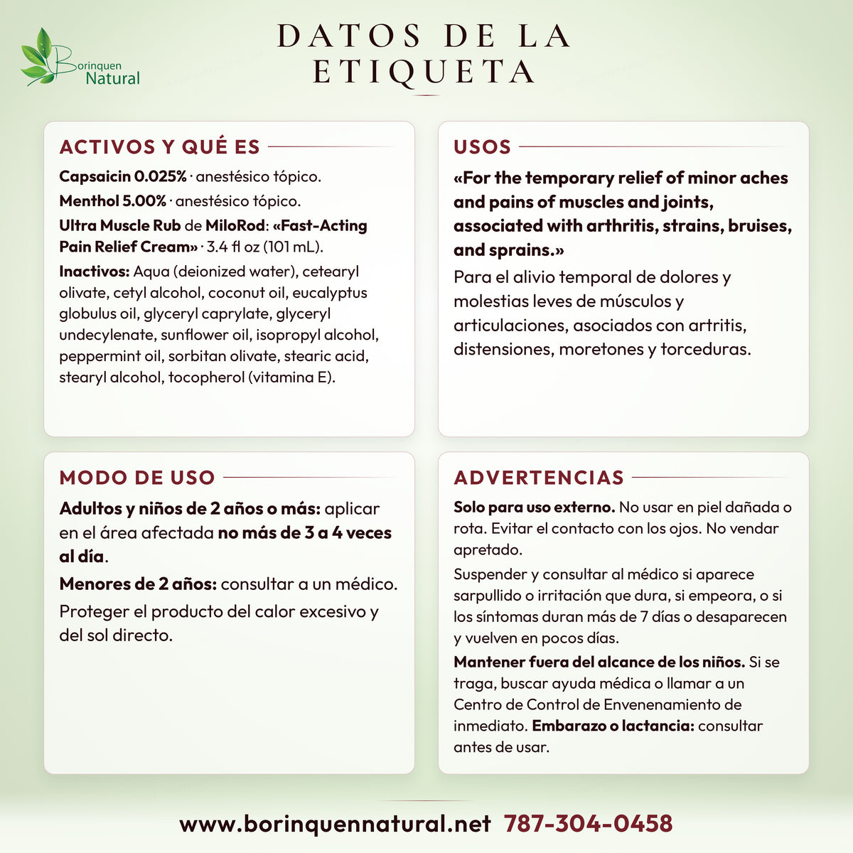 Drug Facts de Ultra Muscle Rub de MiloRod: activos, usos, modo de uso, advertencias e ingredientes inactivos
