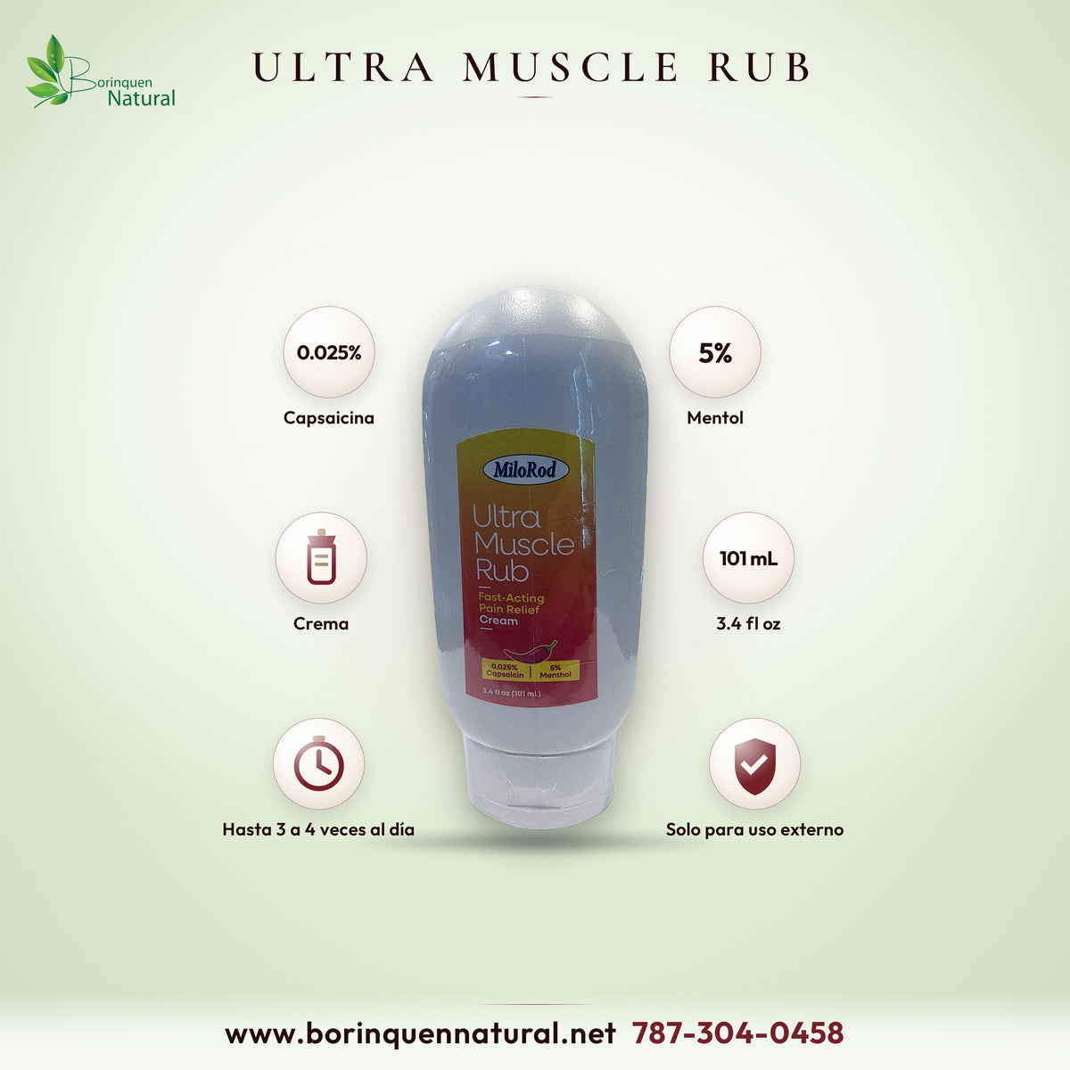 Ultra Muscle Rub de MiloRod, tubo de crema con 0.025% de capsaicina y 5% de mentol, 3.4 fl oz (101 mL)