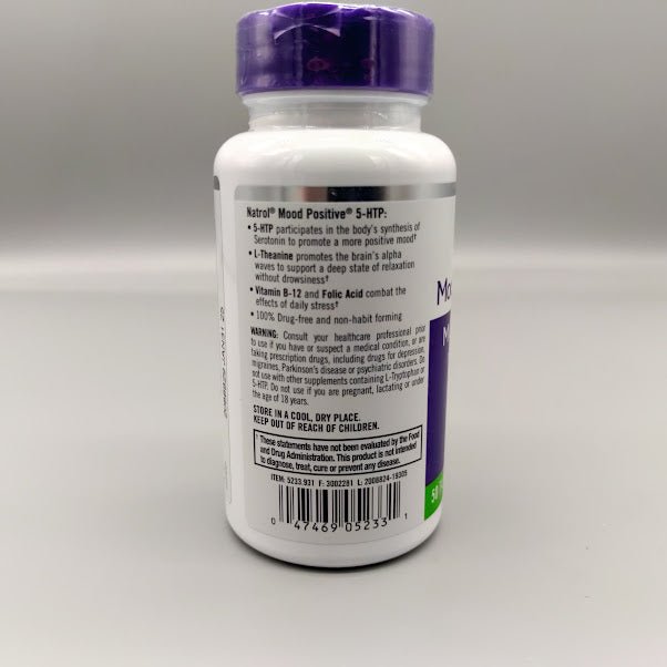 Mood Positive 5-HTP Natrol, frasco de 50 tabletas vegetarianas — vista posterior del envase