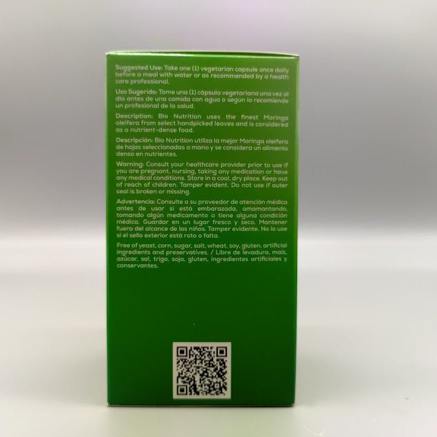 Moringa Super Food 5000 mg Bio Nutrition, frasco de 60 cápsulas — vista lateral (foto de archivo)